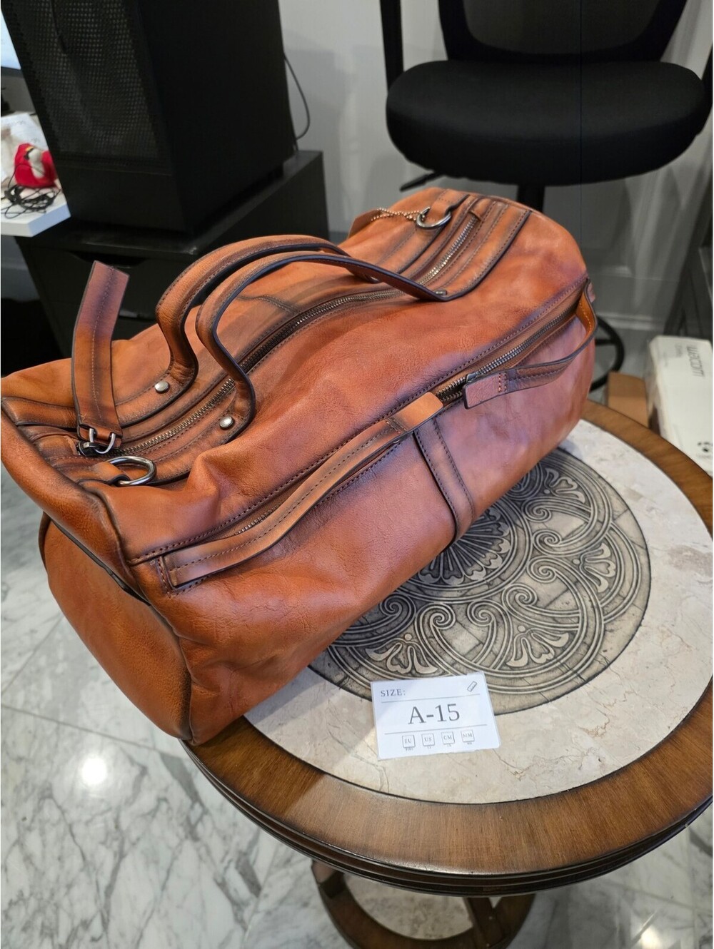 Cognac Brown Weekender Duffel Bag with Top Handles and Zip Pockets